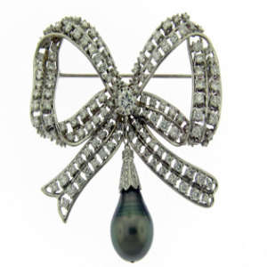 Diamond and Pearl Bow Brooch