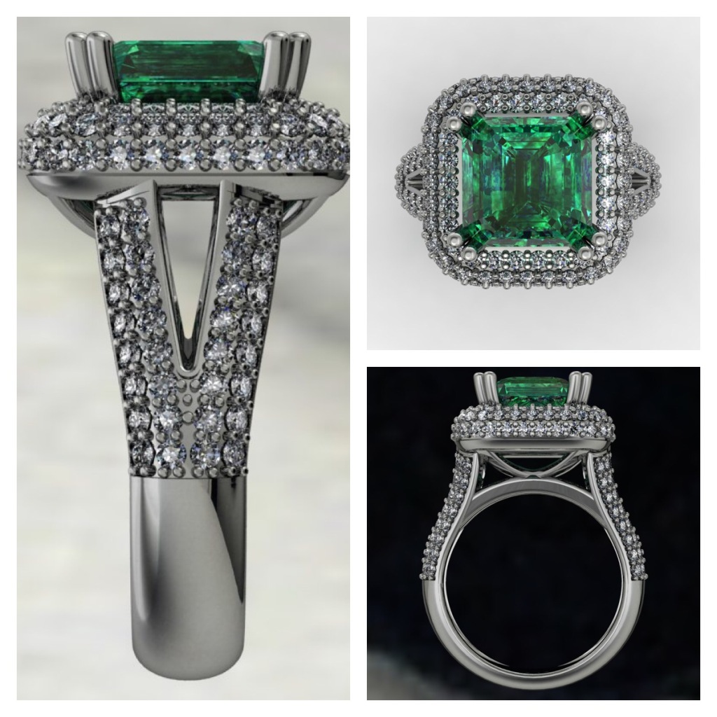 Emerald Halo Pave Ring