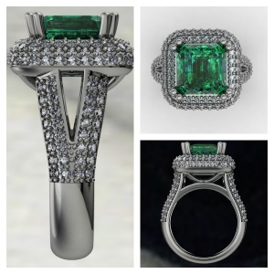 green emerald diamond halo ring