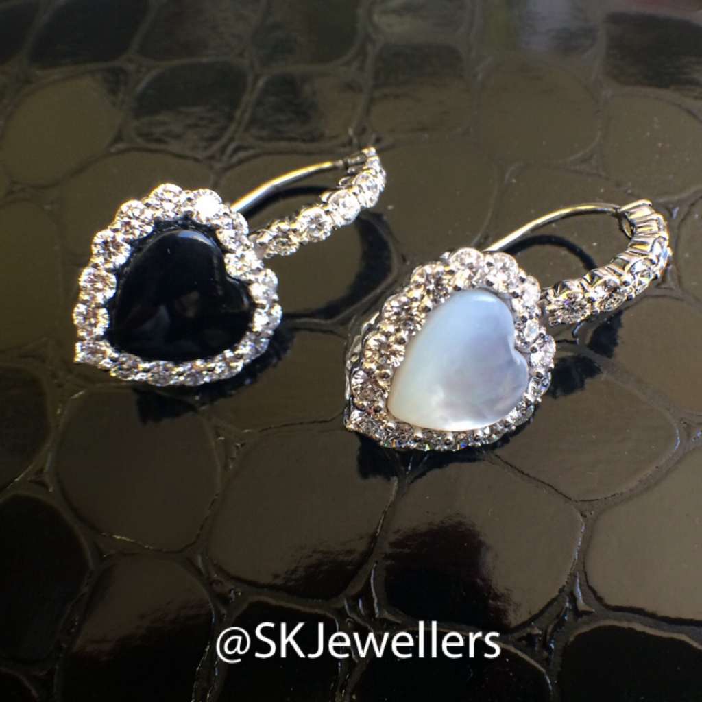 heart shaped onyx and mop diamond earrings
