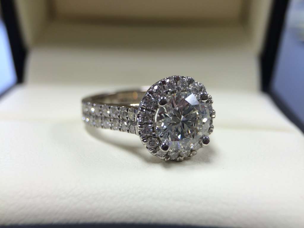 round halo engagement ring with double row band