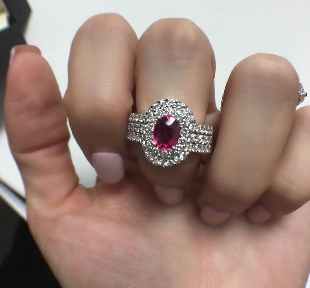 ruby and diamond halo engagement ring