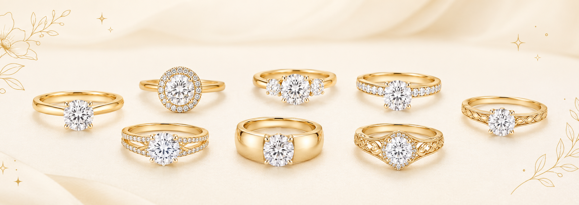 Group of seven gold rings with large central diamonds displayed on a pale cream background with gold floral accents, close-up styling.