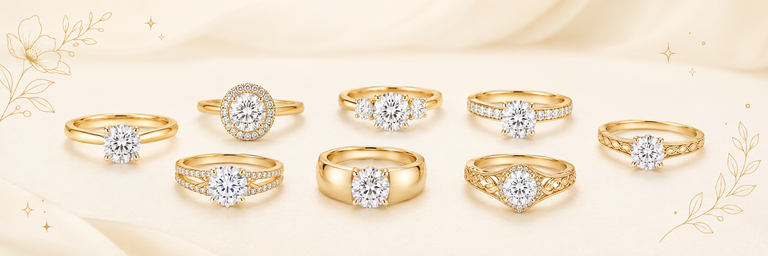 Group of seven gold rings with large central diamonds displayed on a pale cream background with gold floral accents, close-up styling.